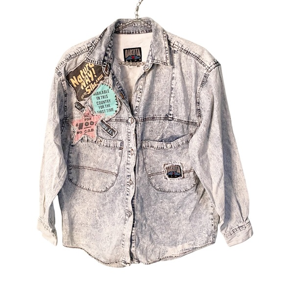 Vintage Tops - Dakota Blue Vintage Medium Jean Jacket Light Patchwork Advert Patches Rare 90s